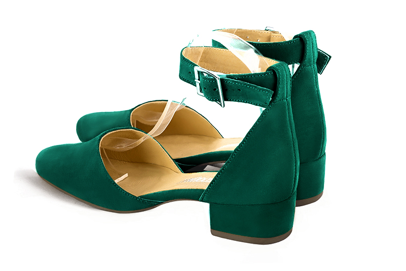 Emerald green women's open side shoes, with a strap around the ankle. Round toe. Low block heels. Rear view - Florence KOOIJMAN